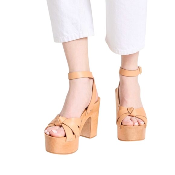 Loeffler Randall Abbie Knot Clog Sandals Womens 9 Tan Leather Platform Studded - Picture 2 of 14